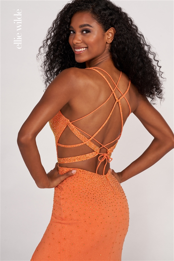 orange open back strappy prom dress