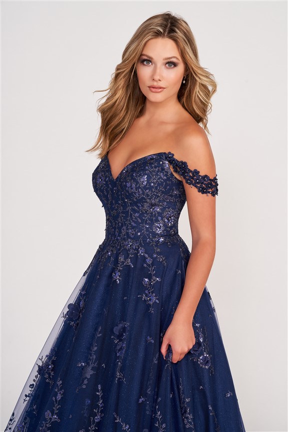 Navy lace prom dress with bardot shoulder