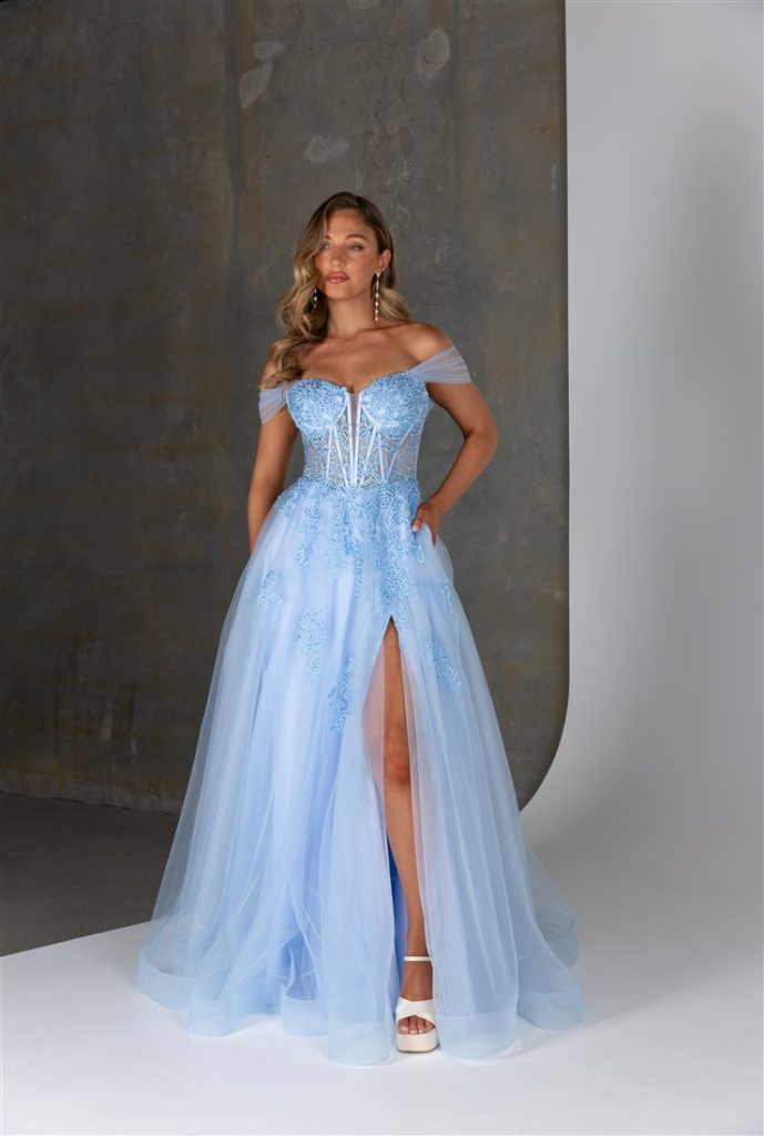 pretty pale blue tulle and lace prom dress