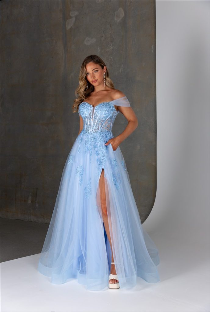 Cinderella style tulle prom dress with bardot shoulder detail