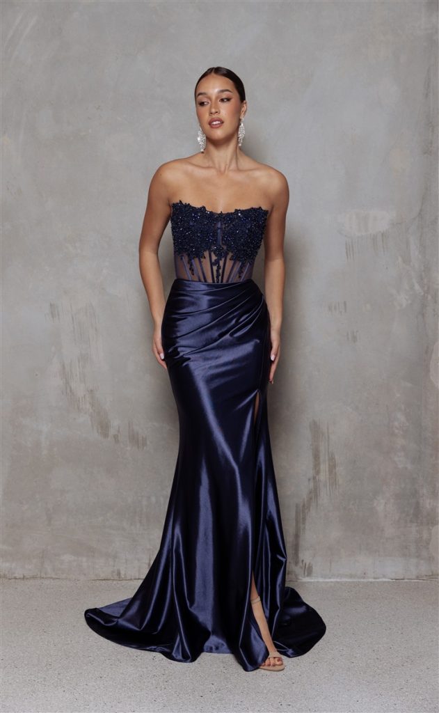 fitted navy satin prom dresses