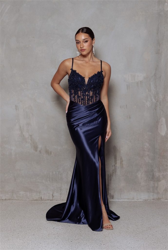 fitted navy prom dress by Tania Olsen