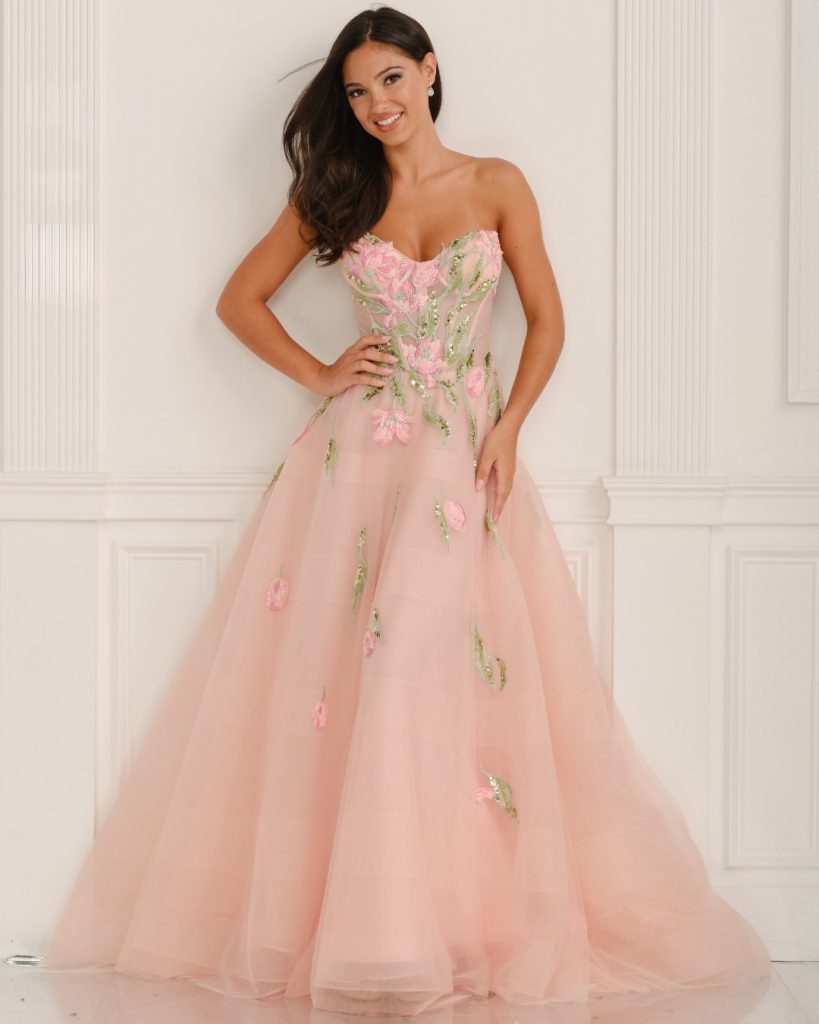 soft pink Colette prom dress with flower detail at City Prom In Cardiff