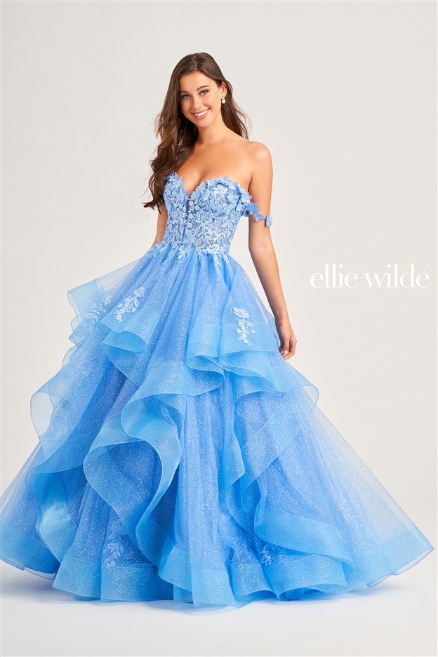 beautiful layered sparkle waterfall tulle by Ellie Wilde Prom Dresses