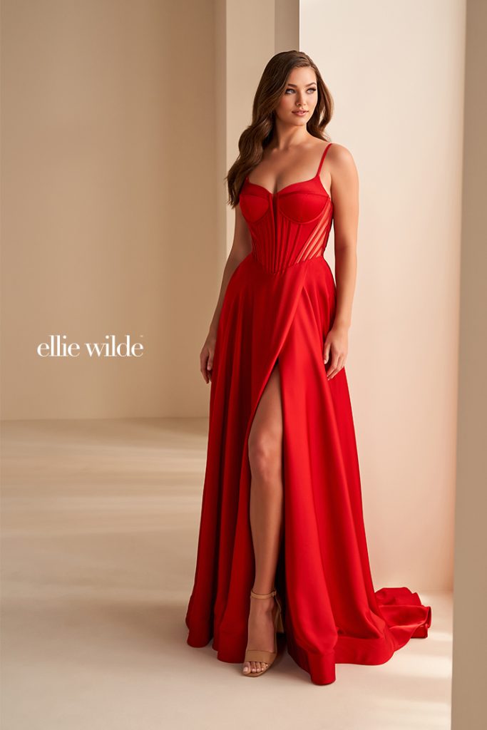 Red simple satin prom dress with side split