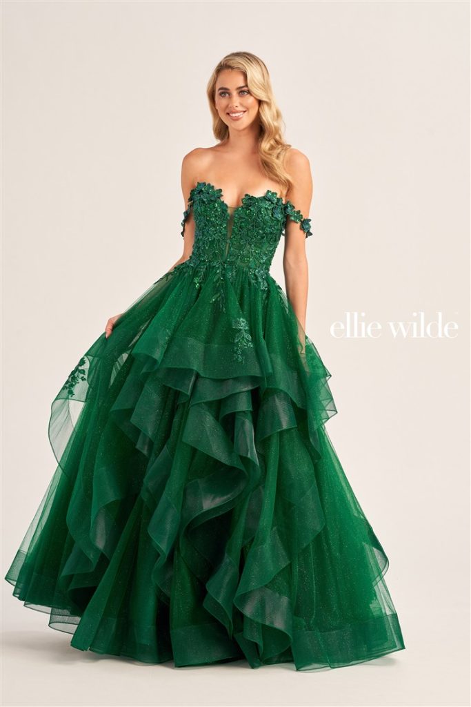 Layered ruffle prom dress in emerald gree style 35084 from Ellie Wilde available at City Prom in cardiff