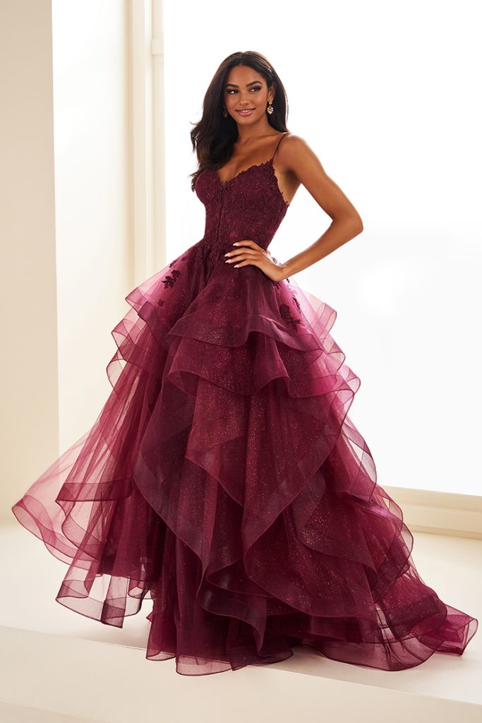 Ellie Wilde ruffled waterfall prom dress in Merlot, wine Style 36203