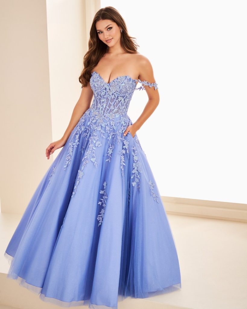 Pale blue prom dress at City Prom, 820 Newport Road in Cardiff. South Wales prom dress shop in Cardiff