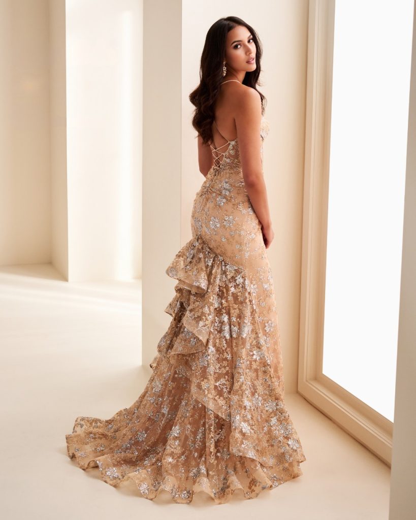 Gold prom dresses with sparkle in City Prom. Prom dress shop in Cardiff