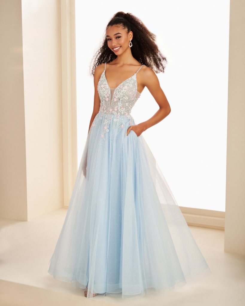 Pale blue prom dress at City Prom, 820 Newport Road in Cardiff. South Wales prom dress shop in Cardiff