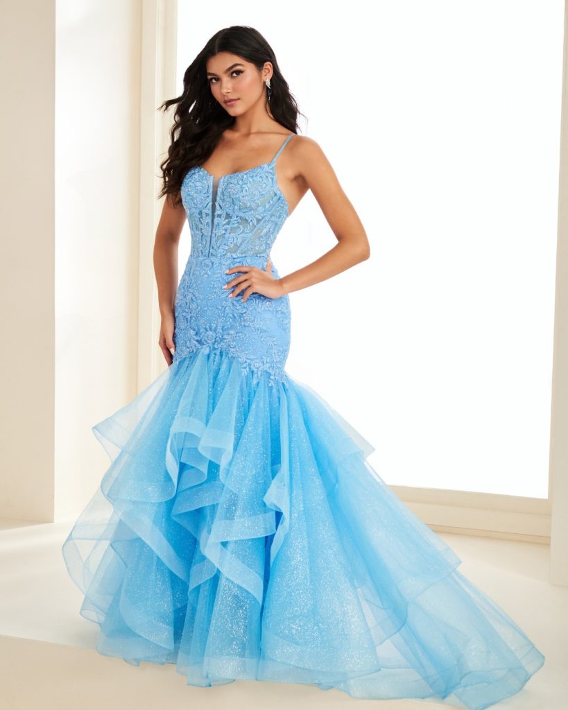 Pale blue prom dress at City Prom, 820 Newport Road in Cardiff. South Wales prom dress shop in Cardiff