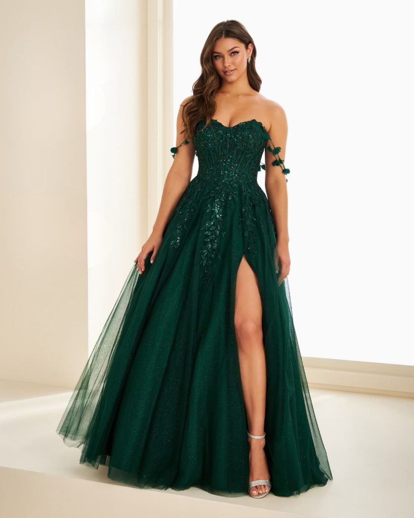 emerald green prom dress at City Prom. Prom dress shop on Newport Road in Cardiff South Wales.