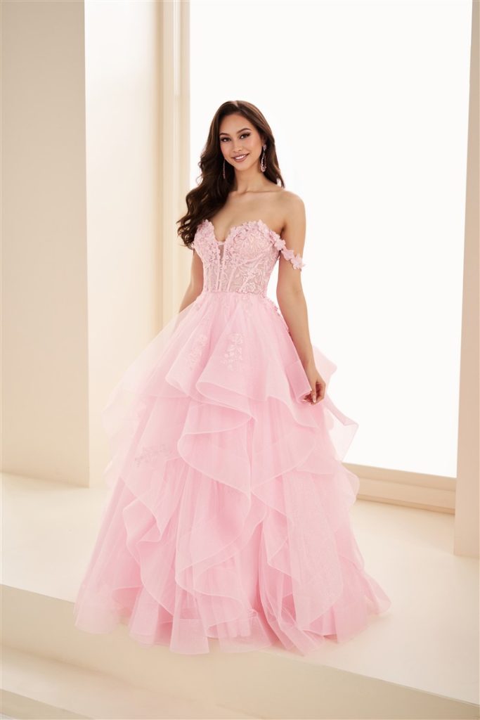 Light Pink princess ballgown with layers by Ellie Wide in City Prom, dress shop in Cardiff