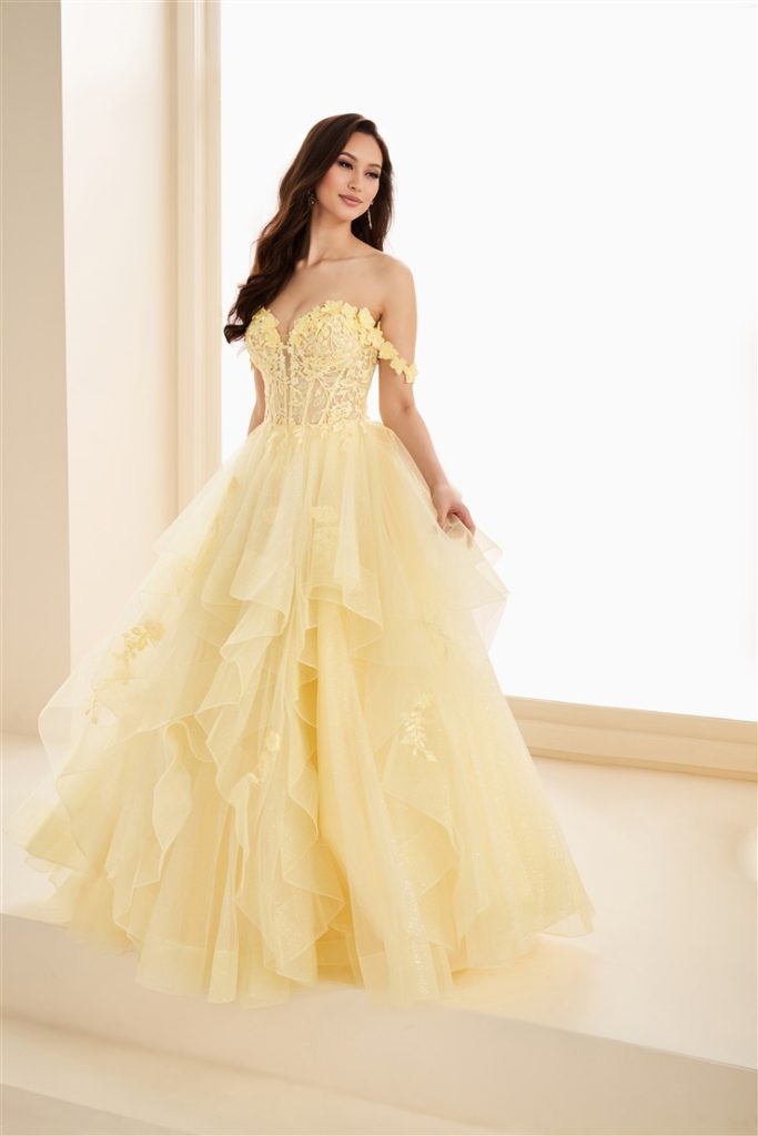 light yellow ballgown with layers by Ellie Wide in City Prom, dress shop in Cardiff