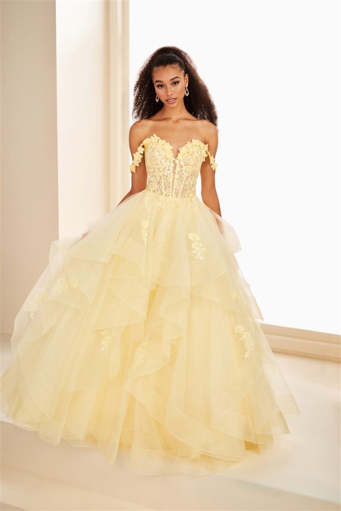 light yellow ballgown with layers by Ellie Wide in City Prom, dress shop in Cardiff