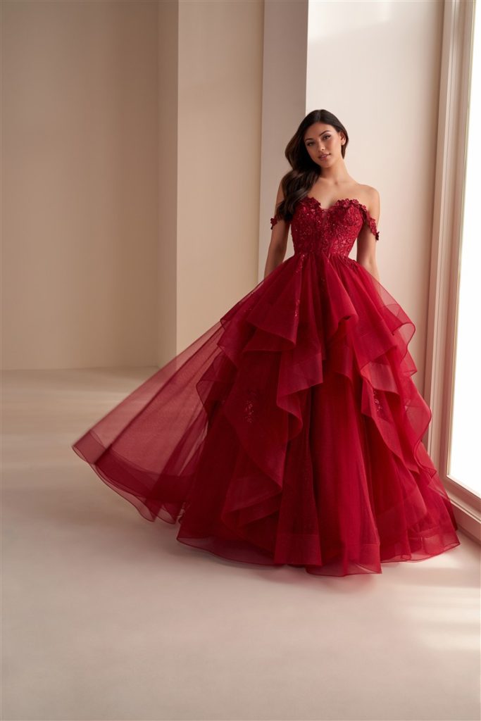 wine ballgown with layers by Ellie Wide in City Prom, dress shop in Cardiff