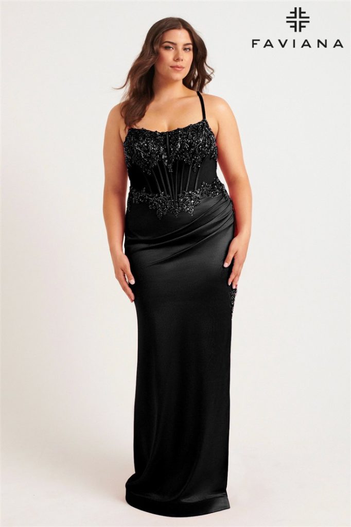 Black fitted slinky corset prom dress for plus size bodies