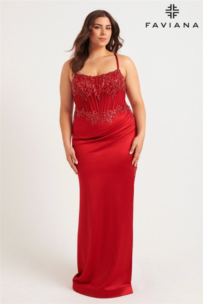 Red fitted slinky corset prom dress for plus size bodies
