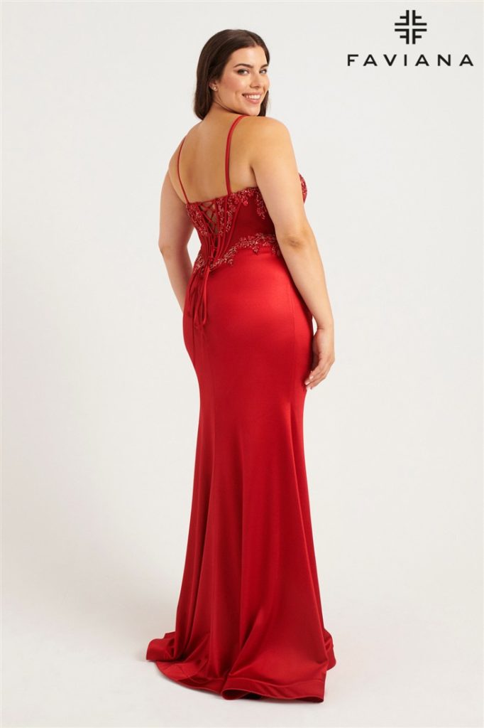Red fitted slinky corset prom dress for plus size bodies